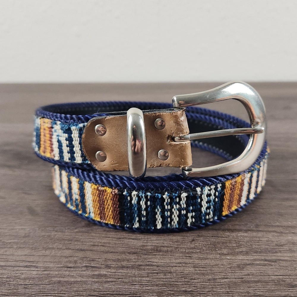 Vintage Elite Woven Southwestern Belt XL Blue Gold Silver Buckle Boho Western